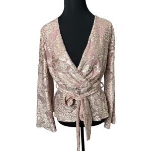 Venus Burnout Velvet Blush Pink Brocade Wrap Top Flare Sleeves Coquette Boho